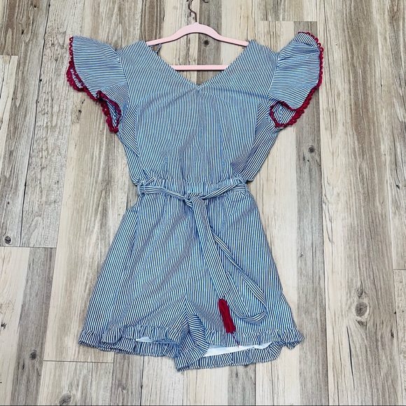 THML boutique Romper blue white pink tassel sz Medium - Picture 6 of 7